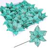 Winlyn 24 Set Christmas Glitter Gold Poinsettia Flowers Picks Christmas Tree Ornaments for Gold Christmas Tree Wreaths Garland Winter Holiday Seasonal Wedding Decorations White Gift Box Included(Teal)