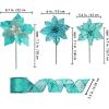 Winlyn 26 Set 3 Style Christmas Teal Glitter Poinsettia Flowers Picks Xmas Tree Ornaments and 2 Rolls 20 Yards Decorative Teal Glitter Wired Ribbon for Teal Christmas Tree Wreath Garland(Teal)