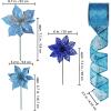 Winlyn 3 Style Christmas Poinsettia Flowers Picks Xmas Tree Ornaments and 12 Yards Decorative Wired Ribbon for Blue Christmas Tree Wreath Garland Holiday Decor(Blue)