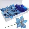 Winlyn 3 Style Christmas Poinsettia Flowers Picks Xmas Tree Ornaments and 12 Yards Decorative Wired Ribbon for Blue Christmas Tree Wreath Garland Holiday Decor(Blue)