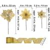 Winlyn 3 Style Christmas Poinsettia Flowers Picks Xmas Tree Ornaments and 12 Yards Decorative Wired Ribbon for Blue Christmas Tree Wreath Garland Holiday Decor(Gold)
