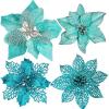 24 Pcs 4 Styles Christmas Gold Metallic Mesh Glitter Artificial Poinsettia Flower Stems Tree Ornaments in Box for Gold Christmas Tree Wreaths Garland Floral Gift Winter Wedding Holiday Decoration(Teal Blue)