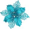 24 Pcs Christmas Silver Glittered Mesh Holly Leaf Artificial Poinsettia Flowers Picks Tree Ornaments 5.9″ W for Silver Christmas Tree Wreath Garland Floral Gift Winter Wedding Holiday Decoration(Teal Blue)