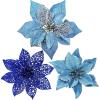 Winlyn 24 Set 3 Styles Christmas Blue Glitter Poinsettia Flowers Picks Christmas Tree Ornaments for Blue Christmas Tree Wreaths Garland Holiday Seasonal Wedding Decorations White Gift Box Included(Blue)