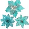 Winlyn 24 Set 3 Styles Christmas Blue Glitter Poinsettia Flowers Picks Christmas Tree Ornaments for Blue Christmas Tree Wreaths Garland Holiday Seasonal Wedding Decorations White Gift Box Included(Teal)