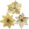 Winlyn 24 Set 3 Styles Christmas Blue Glitter Poinsettia Flowers Picks Christmas Tree Ornaments for Blue Christmas Tree Wreaths Garland Holiday Seasonal Wedding Decorations White Gift Box Included(Gold)