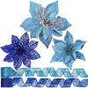Winlyn 26 Set 3 Style Christmas Teal Glitter Poinsettia Flowers Picks Xmas Tree Ornaments and 2 Rolls 20 Yards Decorative Teal Glitter Wired Ribbon for Teal Christmas Tree Wreath Garland(Blue)