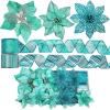 Winlyn 3 Style Christmas Poinsettia Flowers Picks Xmas Tree Ornaments and 12 Yards Decorative Wired Ribbon for Blue Christmas Tree Wreath Garland Holiday Decor(Teal)