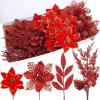 Winlyn 35 Pcs Christmas Artificial Poinsettia Flowers Picks and Artificial Leaves Sprays Teal Glitter Christmas Floral Picks for Teal Christmas Tree Holiday Decorations Centerpiece Wreath DIY Crafts(Red)