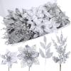 Winlyn 35 Pcs Christmas Artificial Poinsettia Flowers Picks and Artificial Leaves Sprays Teal Glitter Christmas Floral Picks for Teal Christmas Tree Holiday Decorations Centerpiece Wreath DIY Crafts(Silver)