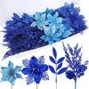 Winlyn 35 Pcs Christmas Artificial Poinsettia Flowers Picks and Artificial Leaves Sprays Teal Glitter Christmas Floral Picks for Teal Christmas Tree Holiday Decorations Centerpiece Wreath DIY Crafts(Blue)