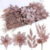 Winlyn 35 Pcs Christmas Artificial Poinsettia Flowers Picks and Artificial Leaves Sprays Teal Glitter Christmas Floral Picks for Teal Christmas Tree Holiday Decorations Centerpiece Wreath DIY Crafts(Rose Gold)