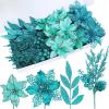 Winlyn 35 Pcs Christmas Artificial Poinsettia Flowers Picks and Artificial Leaves Sprays Teal Glitter Christmas Floral Picks for Teal Christmas Tree Holiday Decorations Centerpiece Wreath DIY Crafts(Teal)