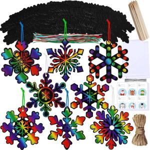 Winlyn 56 Sets 8 Styles Magic Color Scratch Snowflake Ornaments Christmas Scratch Art Decorations Christmas Craft Kits Winter Crafts for Kids Party Favors Holiday Seasonal Home Classroom Activities