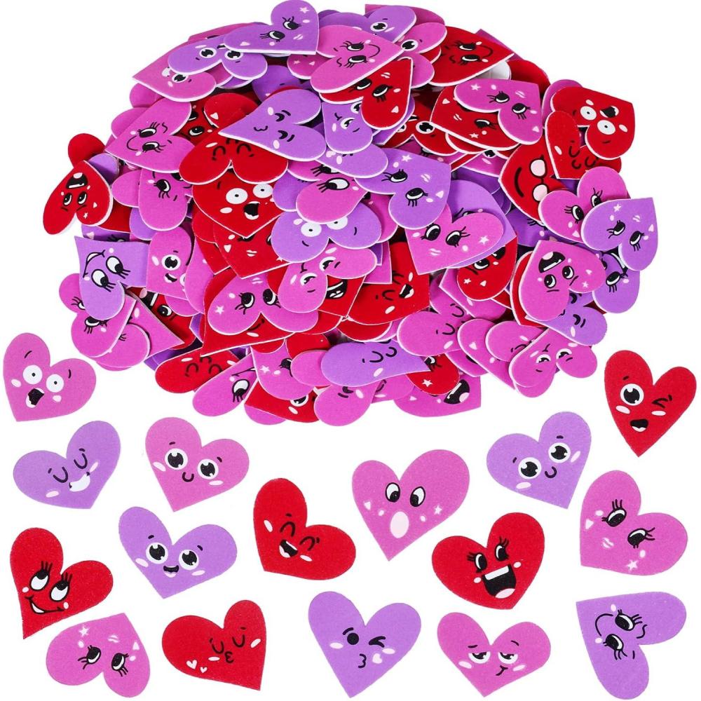 imageWinlyn 477 Pcs Assorted Valentines Day Stickers Embellishments Craft Smile Face Heart Shaped Cutouts Foam Stickers SelfAdhesive in Red Pink Purple for Kids Scrapbooking Cards Decoration
