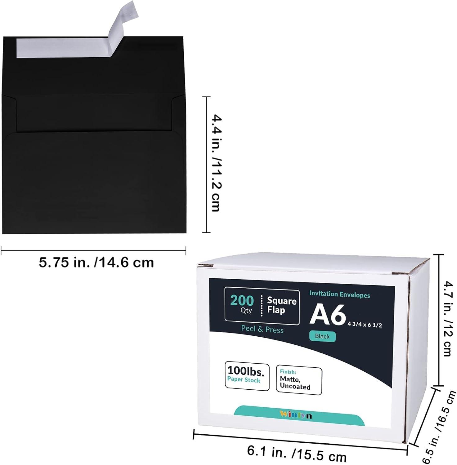 image200 Pcs Bulk A6 Invitation Envelopes in Black Peel ampamp Seal SelfSeal 4 34 x 6 12 Square Flap Envelopes 100lbfor Wedding Shower Graduation Invitation Announcement Mailing 4 x 6 Photo Greeting CardsBlack