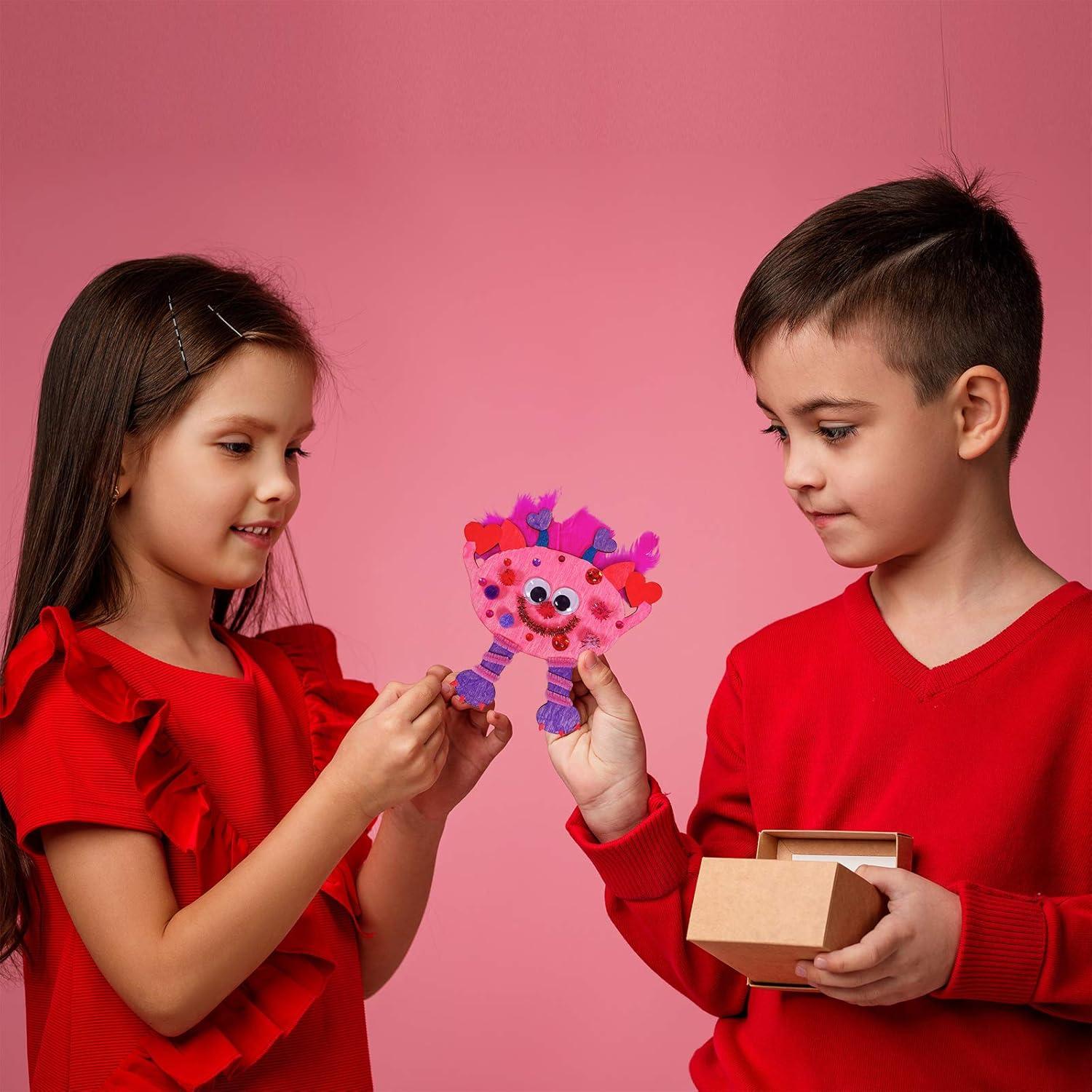 image36 Sets Valentines Day Craft Kits DIY Valentine Monster Wood Ornaments Decorations Art Sets Assorted Paintable Unfinished Wood Monster Cutouts PomPoms Googly Eyes for Kids Valentine Party Activity