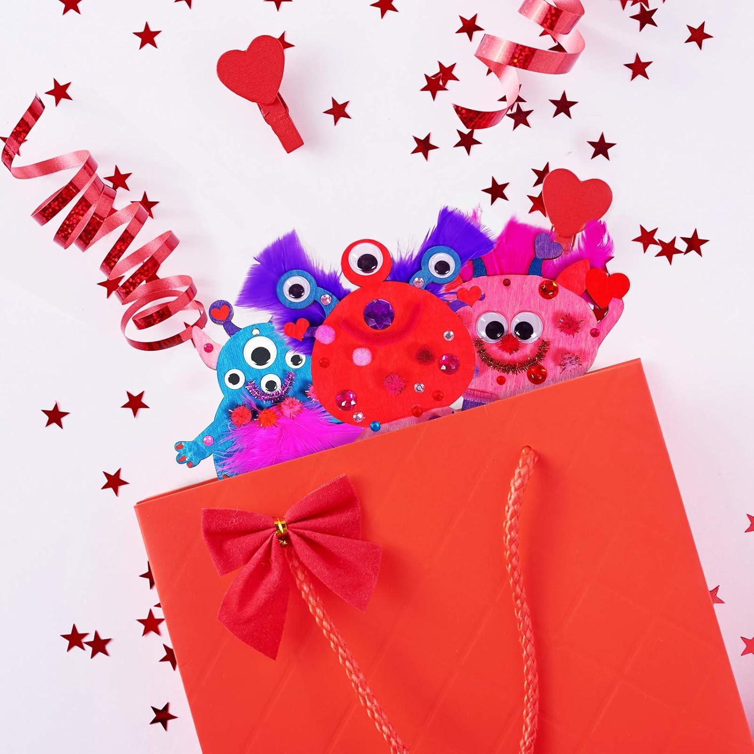 image36 Sets Valentines Day Craft Kits DIY Valentine Monster Wood Ornaments Decorations Art Sets Assorted Paintable Unfinished Wood Monster Cutouts PomPoms Googly Eyes for Kids Valentine Party Activity
