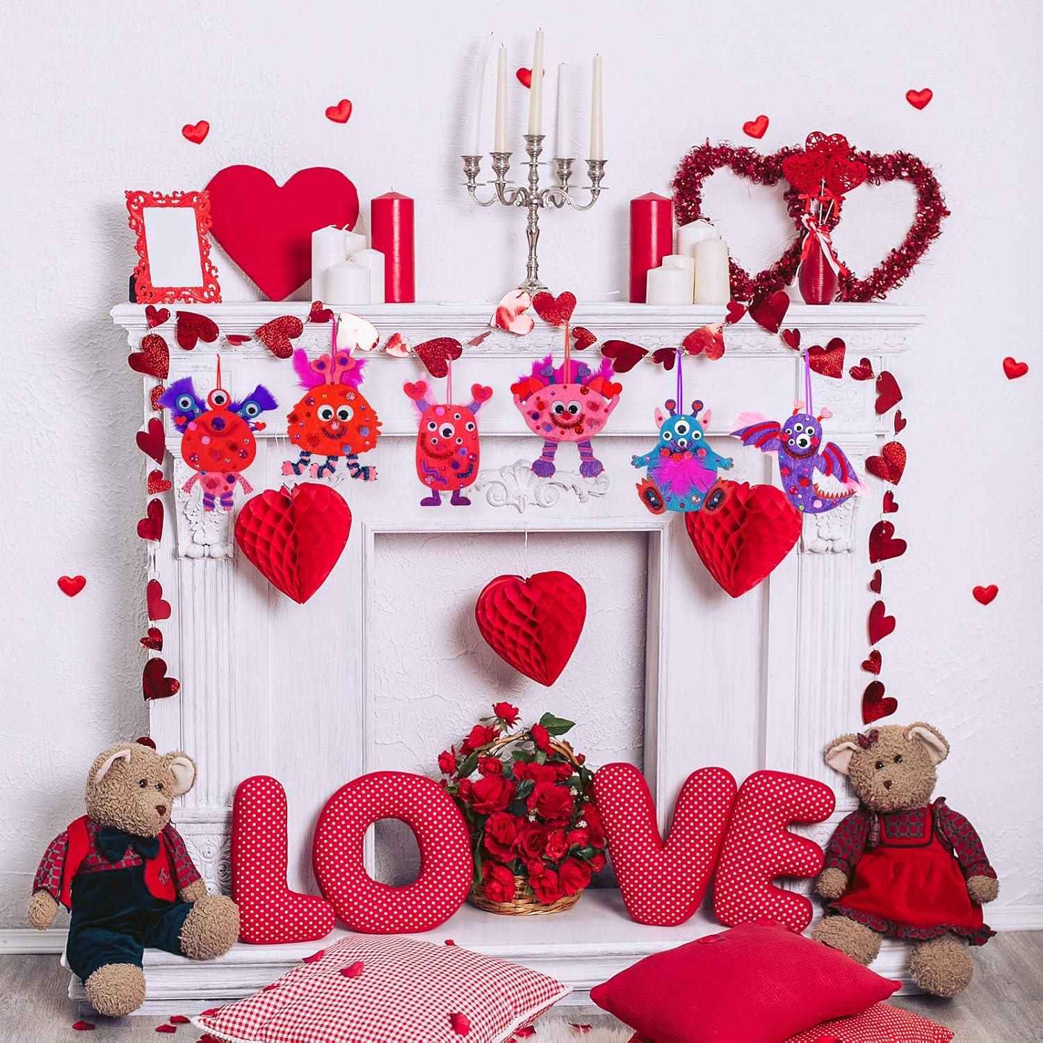 image36 Sets Valentines Day Craft Kits DIY Valentine Monster Wood Ornaments Decorations Art Sets Assorted Paintable Unfinished Wood Monster Cutouts PomPoms Googly Eyes for Kids Valentine Party Activity