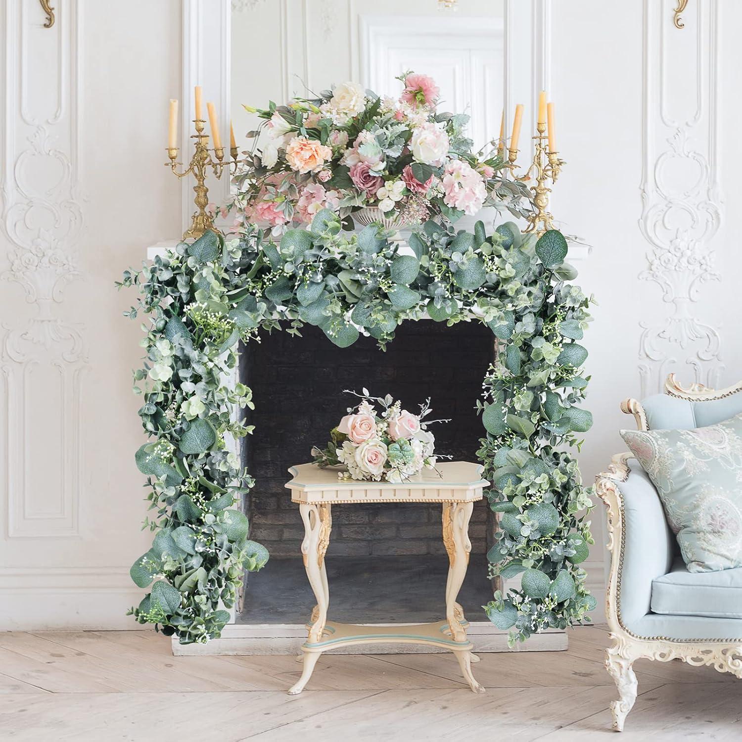 image6 Faux Mixed Eucalyptus Leaves Garland Artificial Silver Dollar Eucalyptus with White Seeds in Gray Green for Farmhouse Wedding Backdrop Table Runner Centerpiece Mantel Indoor Outdoor Greenery Decor