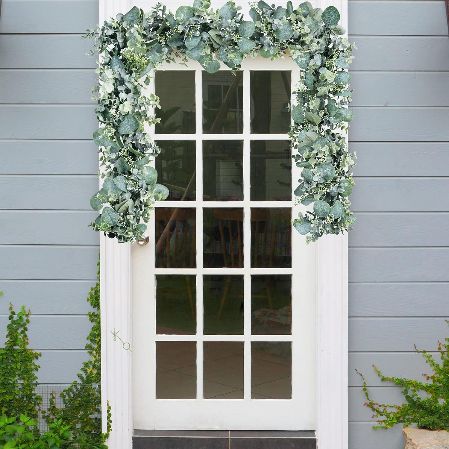 image6 Faux Mixed Eucalyptus Leaves Garland Artificial Silver Dollar Eucalyptus with White Seeds in Gray Green for Farmhouse Wedding Backdrop Table Runner Centerpiece Mantel Indoor Outdoor Greenery Decor