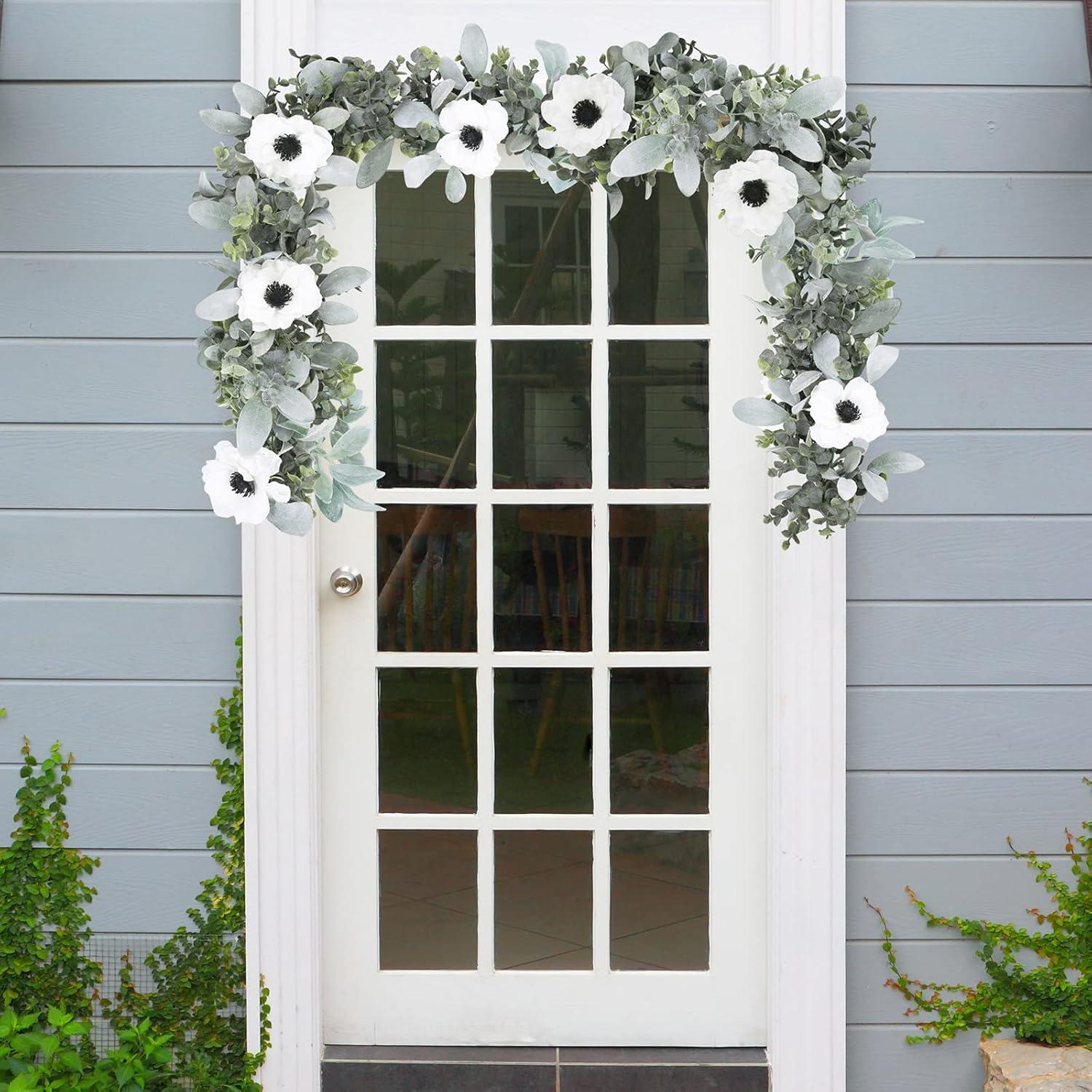 image6 L Faux Mixed Eucalyptus Leaves and Lambs Ear Leaves Garland with Artificial White Flower for Farmhouse Wedding Arch Backdrop Table Runner Centerpiece Mantel Indoor Outdoor Greenery Decor