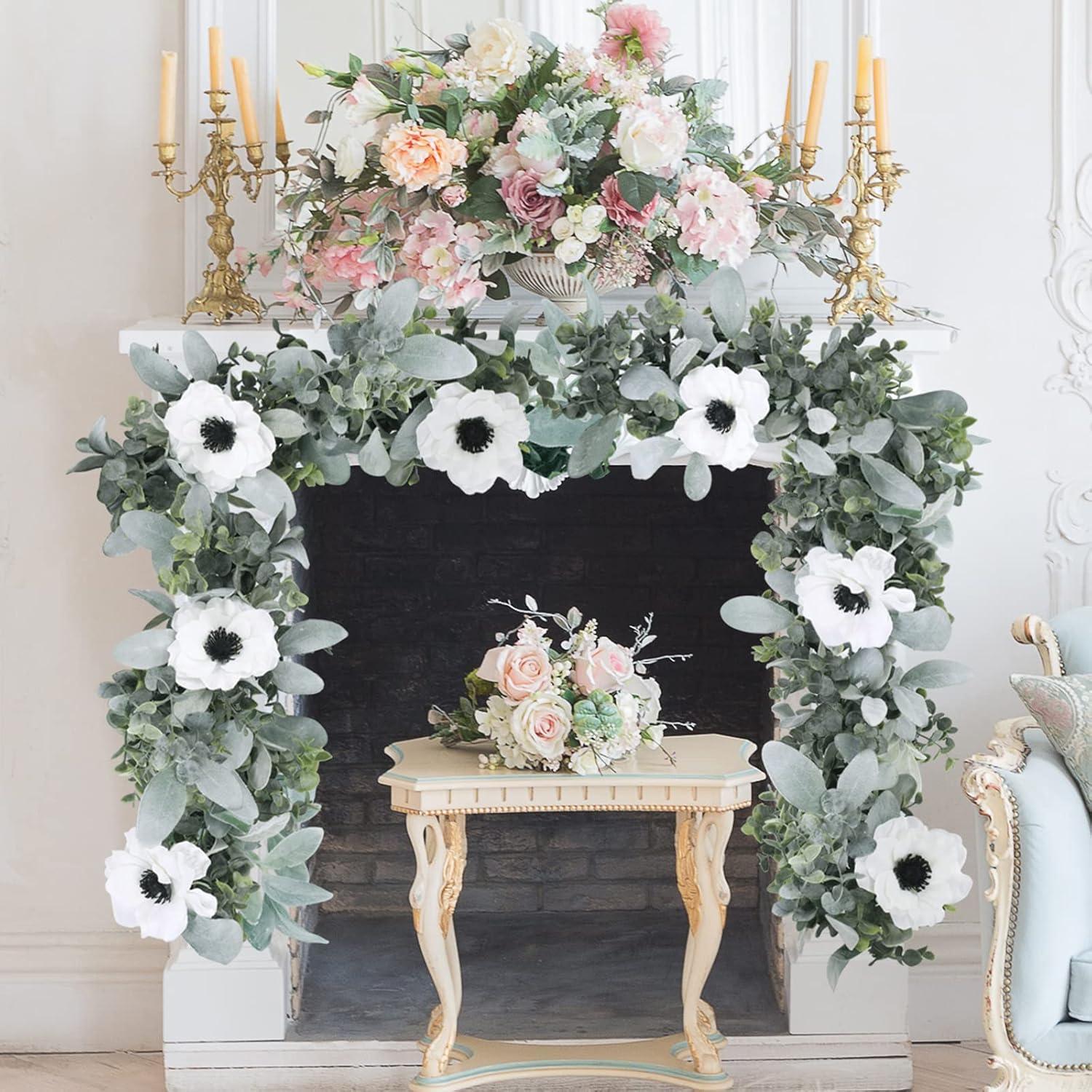 image6 L Faux Mixed Eucalyptus Leaves and Lambs Ear Leaves Garland with Artificial White Flower for Farmhouse Wedding Arch Backdrop Table Runner Centerpiece Mantel Indoor Outdoor Greenery Decor