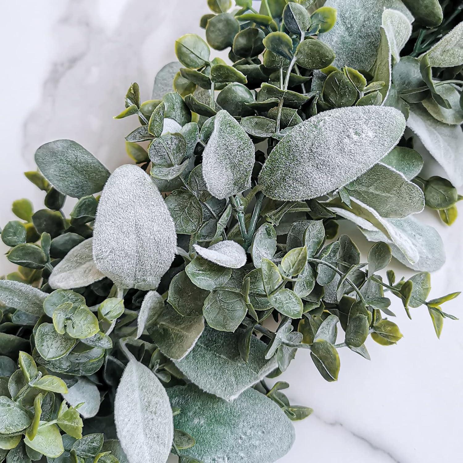 image6 L Faux Mixed Eucalyptus Leaves and Lambs Ear Leaves Garland with Artificial White Flower for Farmhouse Wedding Arch Backdrop Table Runner Centerpiece Mantel Indoor Outdoor Greenery Decor