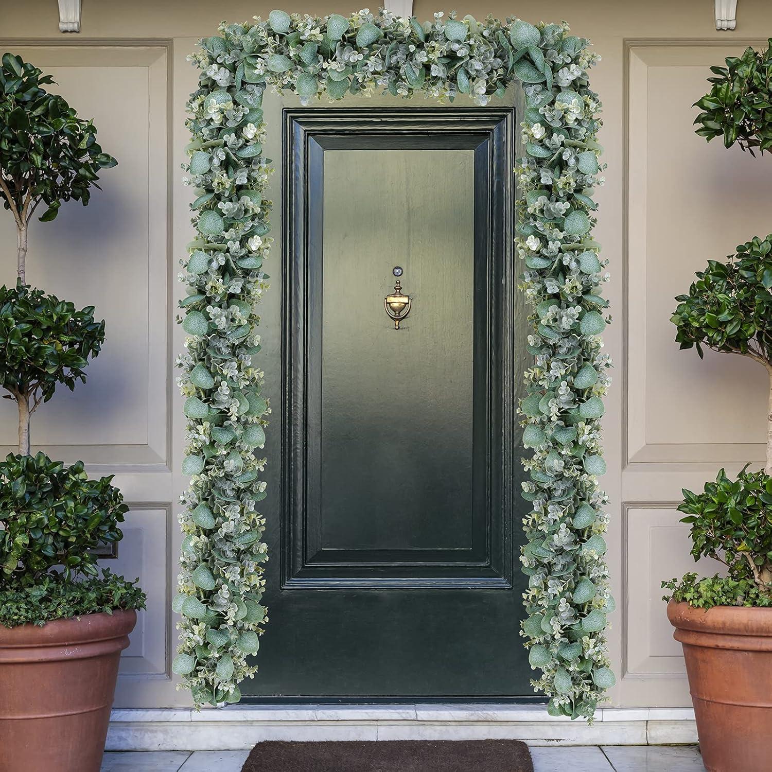 image6 Long Faux Mixed Eucalyptus Leaves Garland Artificial Silver Dollar Eucalyptus Greenery Garland in Gray Green for Farmhouse Wedding Arch Backdrop Table Runner Centerpiece Mantel Indoor Outdoor Decor