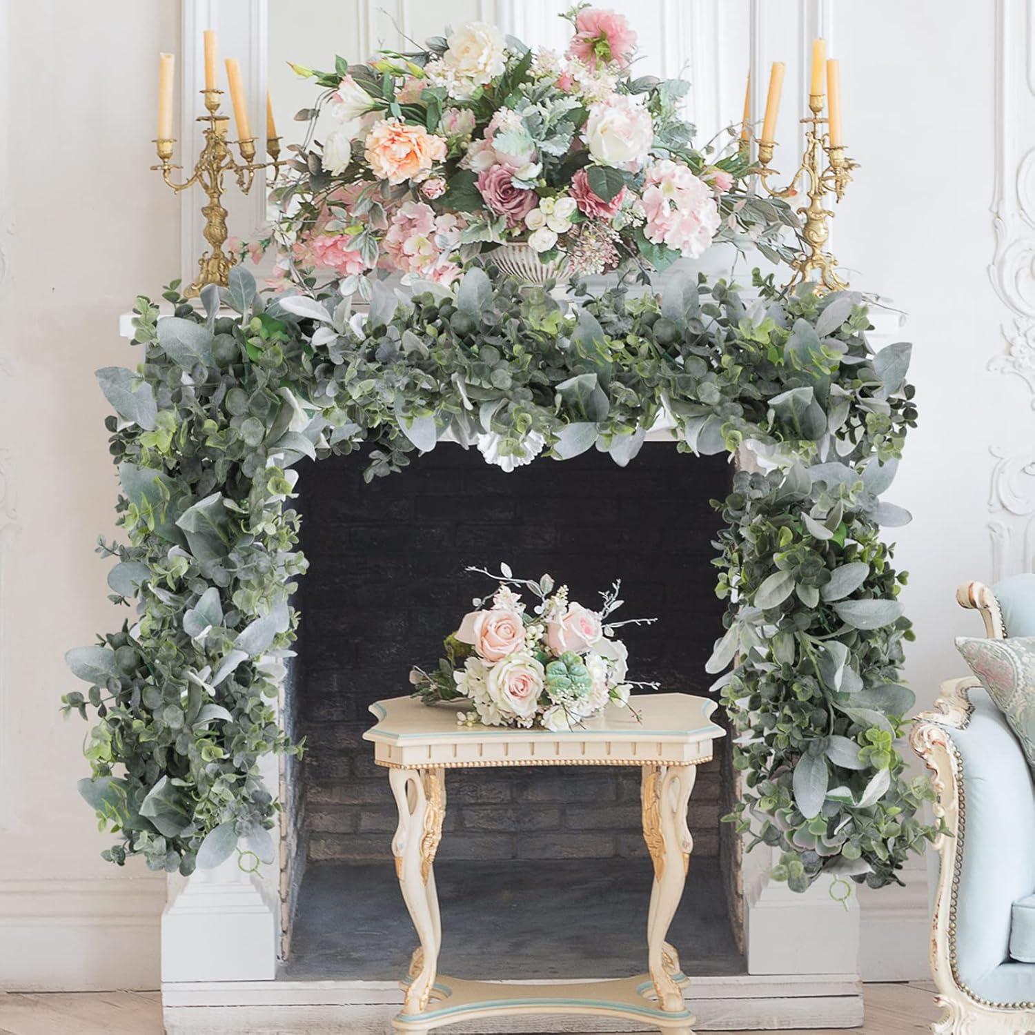 image6 Long Faux Mixed Eucalyptus Leaves and Lambs Ear Leaves Garland Artificial Greenery Garland in Gray Green for Farmhouse Wedding Arch Backdrop Table Runner Centerpiece Mantel Indoor Outdoor Decor