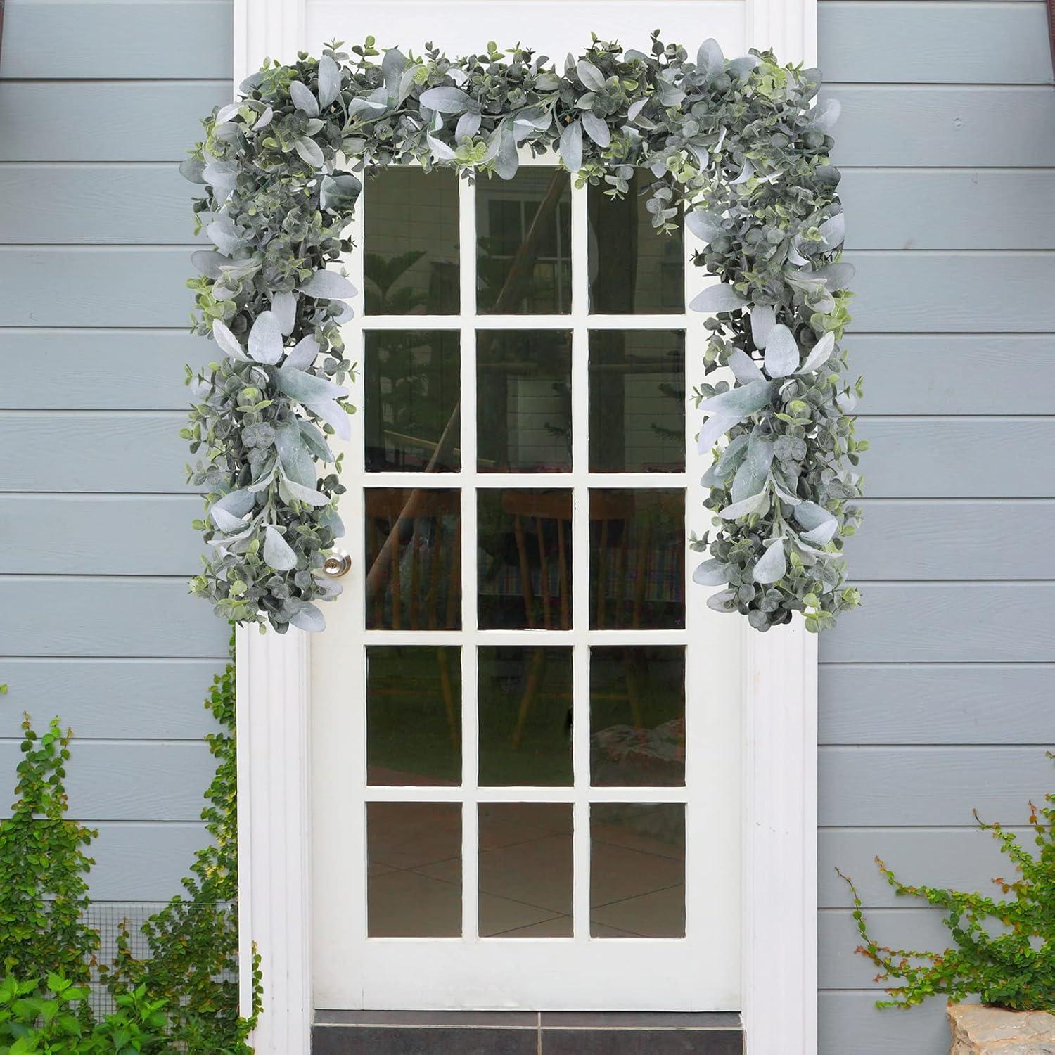 image6 Long Faux Mixed Eucalyptus Leaves and Lambs Ear Leaves Garland Artificial Greenery Garland in Gray Green for Farmhouse Wedding Arch Backdrop Table Runner Centerpiece Mantel Indoor Outdoor Decor