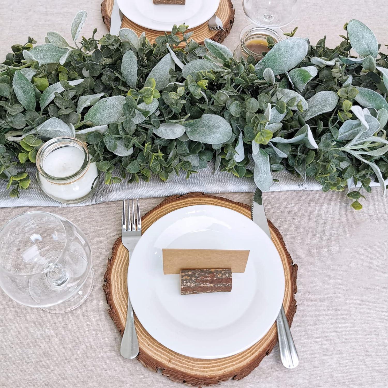 image6 Long Faux Mixed Eucalyptus Leaves and Lambs Ear Leaves Garland Artificial Greenery Garland in Gray Green for Farmhouse Wedding Arch Backdrop Table Runner Centerpiece Mantel Indoor Outdoor Decor