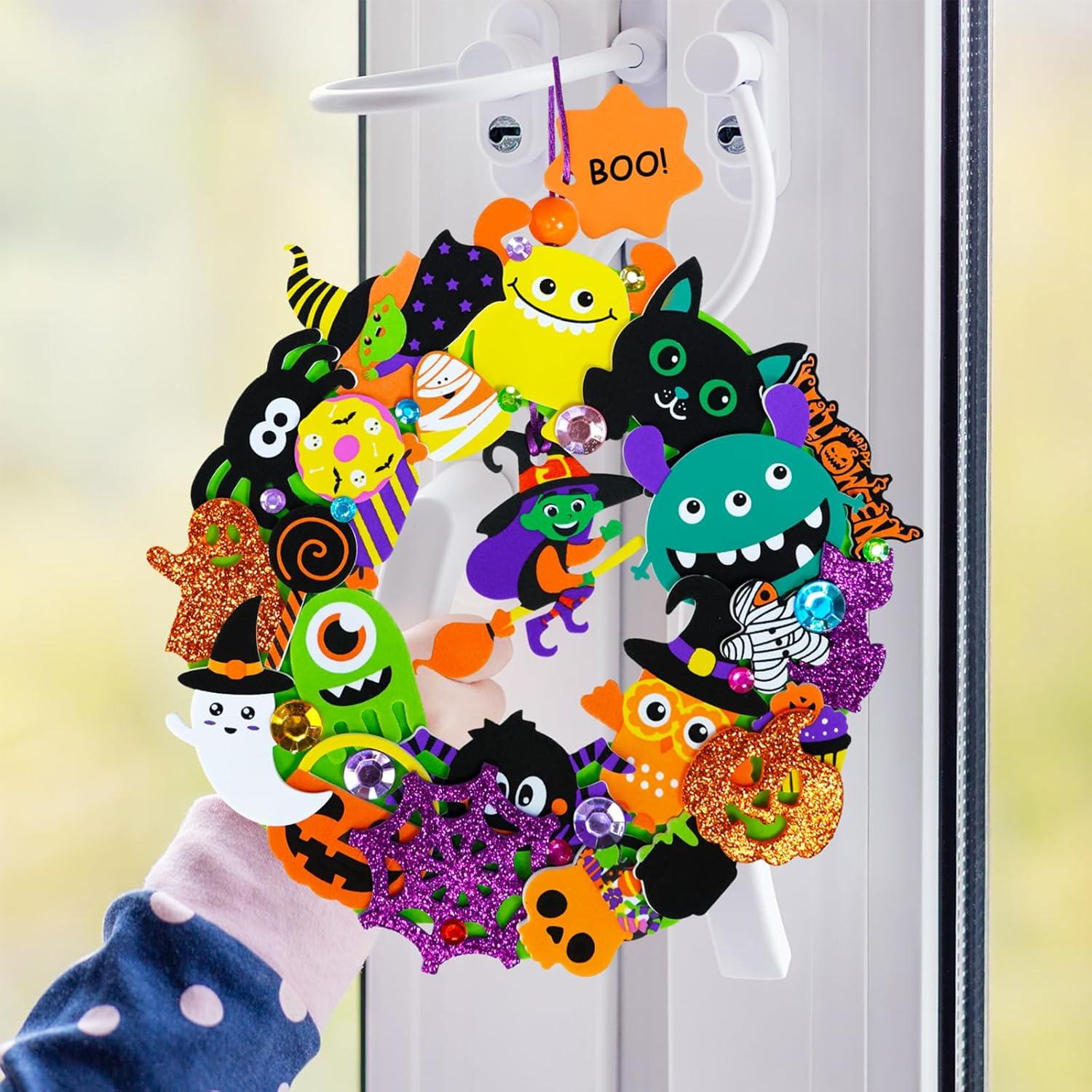 imageWinlyn 12 Halloween Craft Kits Fall Crafts DIY Halloween Wreath Ornaments Decorations Art Sets Monster Foam Stickers Arts and Crafts for Kids Home Classroom Party Favors TrickorTreat Activities