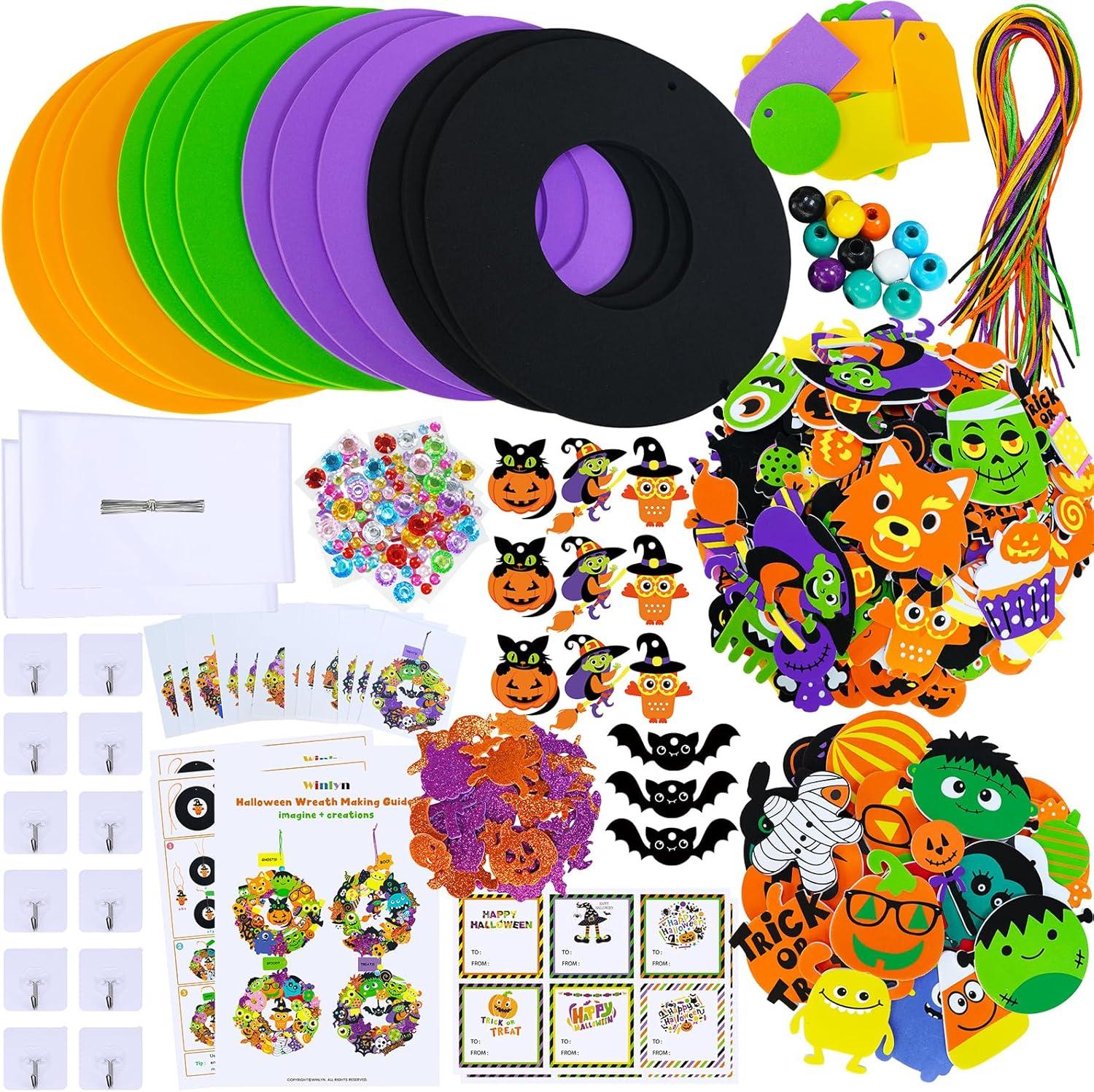 imageWinlyn 12 Halloween Craft Kits Fall Crafts DIY Halloween Wreath Ornaments Decorations Art Sets Monster Foam Stickers Arts and Crafts for Kids Home Classroom Party Favors TrickorTreat Activities