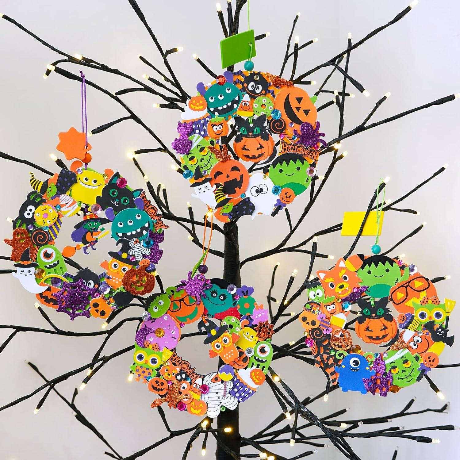 imageWinlyn 12 Halloween Craft Kits Fall Crafts DIY Halloween Wreath Ornaments Decorations Art Sets Monster Foam Stickers Arts and Crafts for Kids Home Classroom Party Favors TrickorTreat Activities