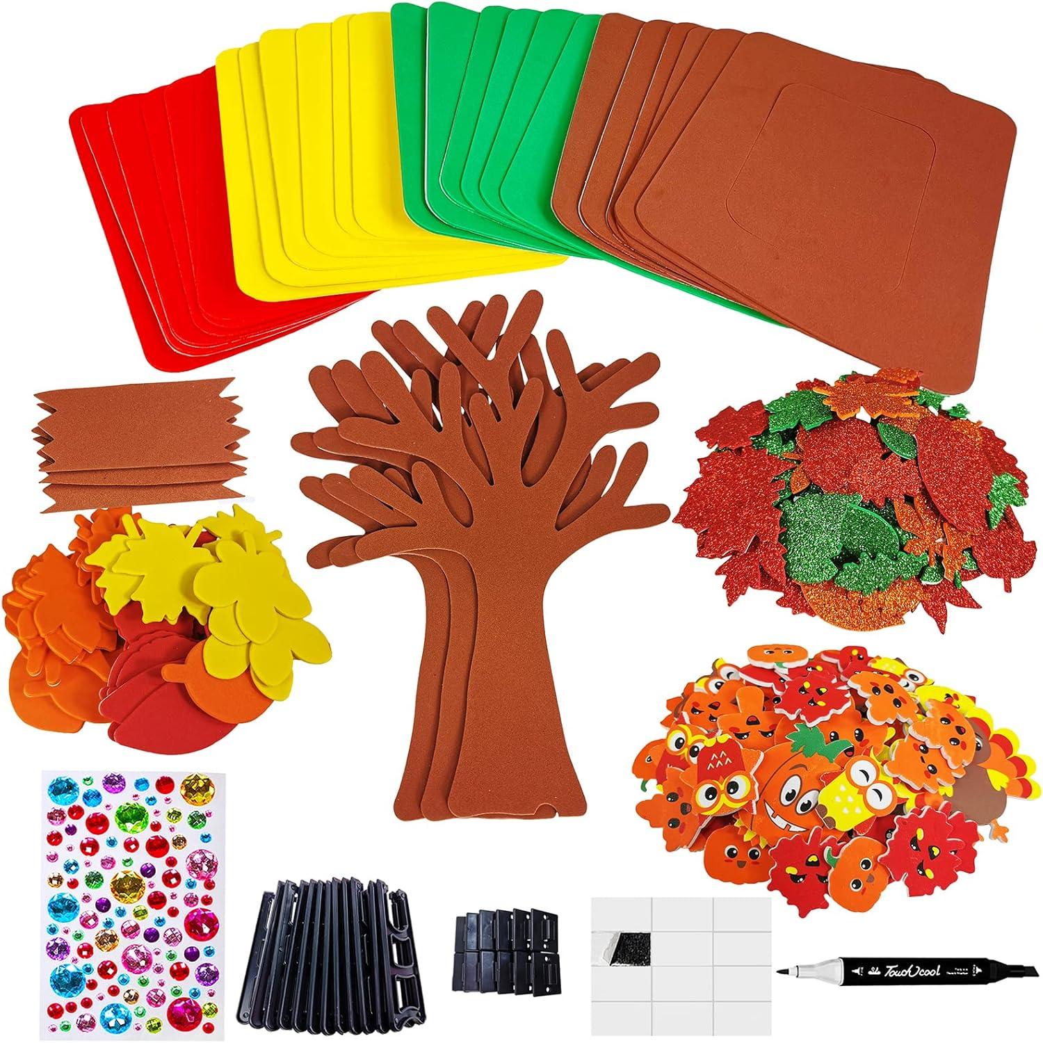 imageWinlyn 12 Sets Fall Craft Kits Fall Thanksgiving Picture Frame Decorations Art Sets Tree of Thanks Turkey Owl Smile Face Pumpkin Autumn Leaf Foam Stickers Arts and Crafts for Kids Party Activities