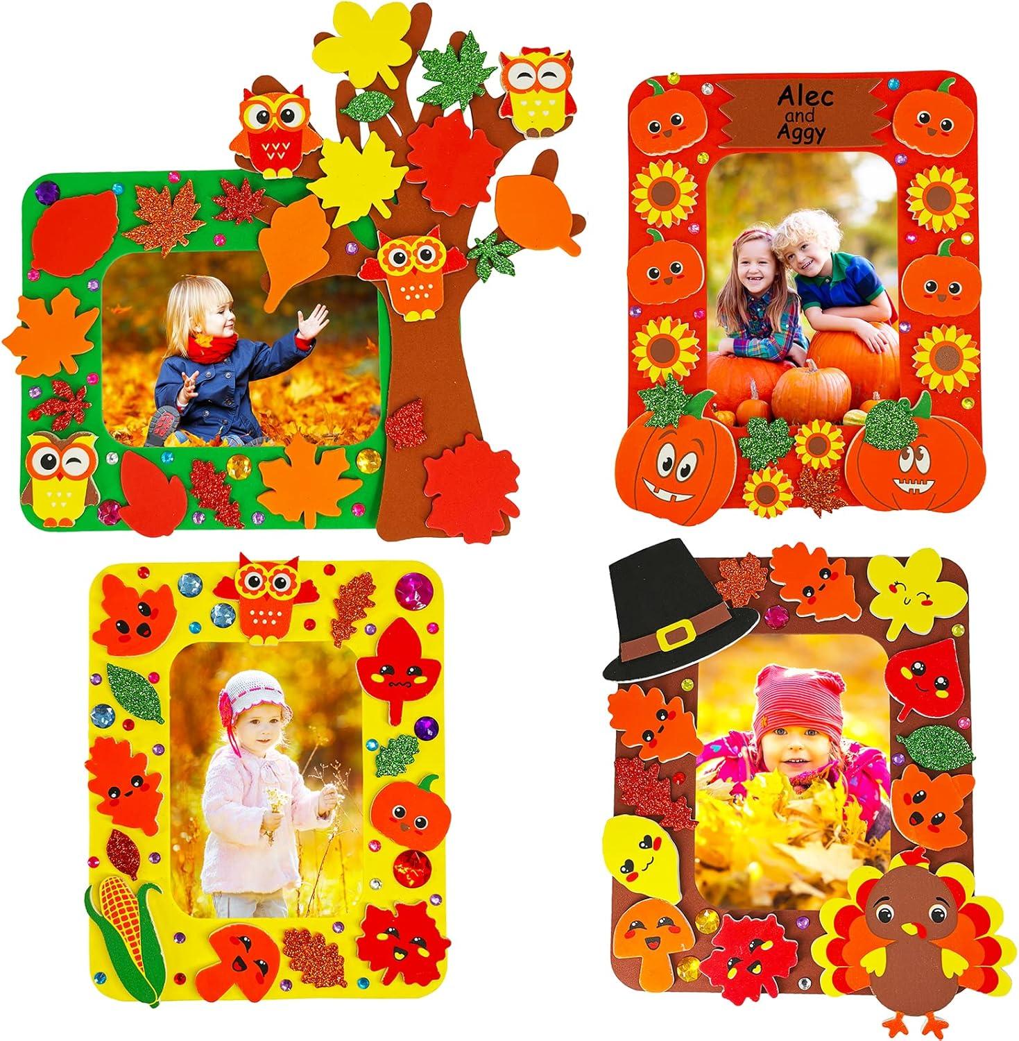 imageWinlyn 12 Sets Fall Craft Kits Fall Thanksgiving Picture Frame Decorations Art Sets Tree of Thanks Turkey Owl Smile Face Pumpkin Autumn Leaf Foam Stickers Arts and Crafts for Kids Party Activities