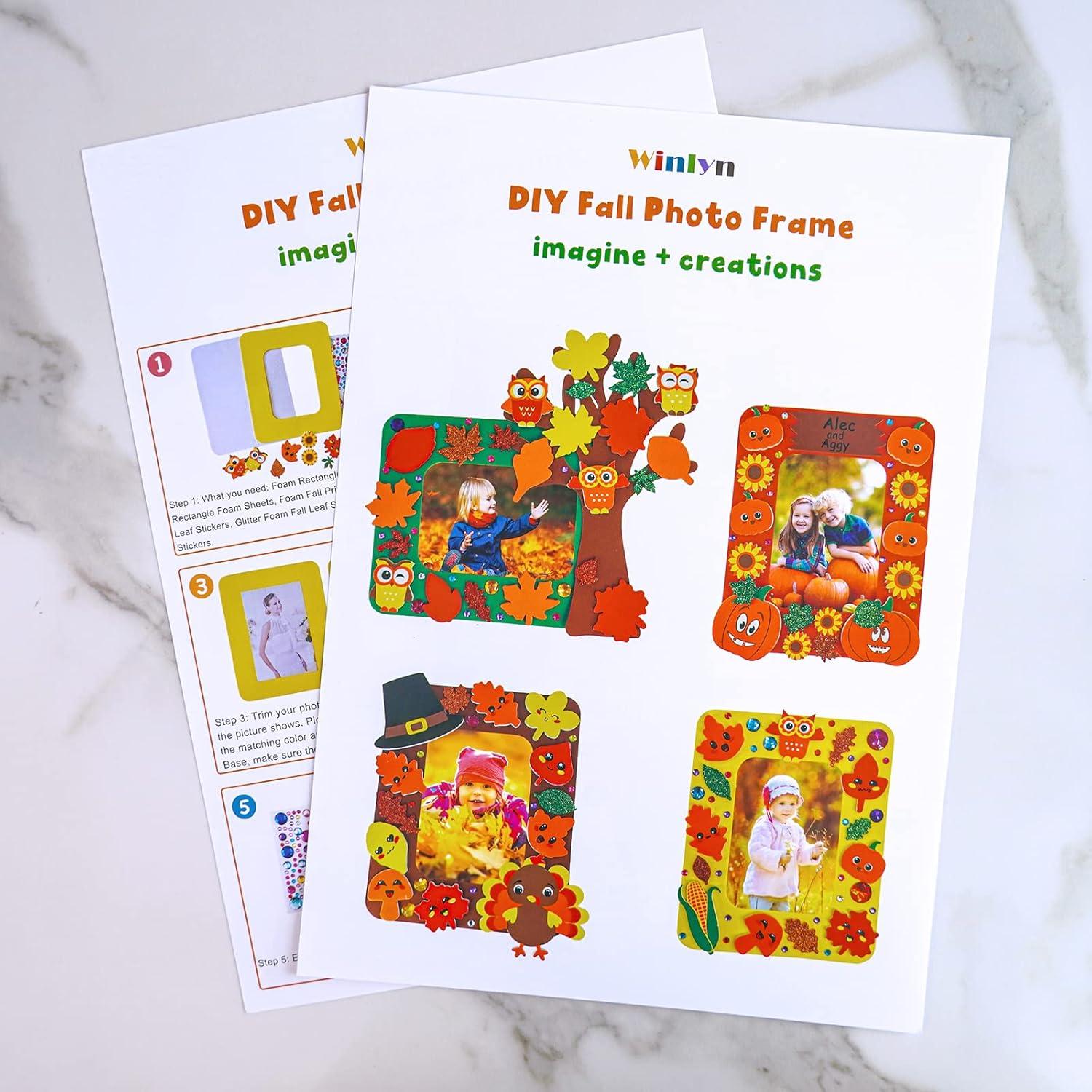 imageWinlyn 12 Sets Fall Craft Kits Fall Thanksgiving Picture Frame Decorations Art Sets Tree of Thanks Turkey Owl Smile Face Pumpkin Autumn Leaf Foam Stickers Arts and Crafts for Kids Party Activities