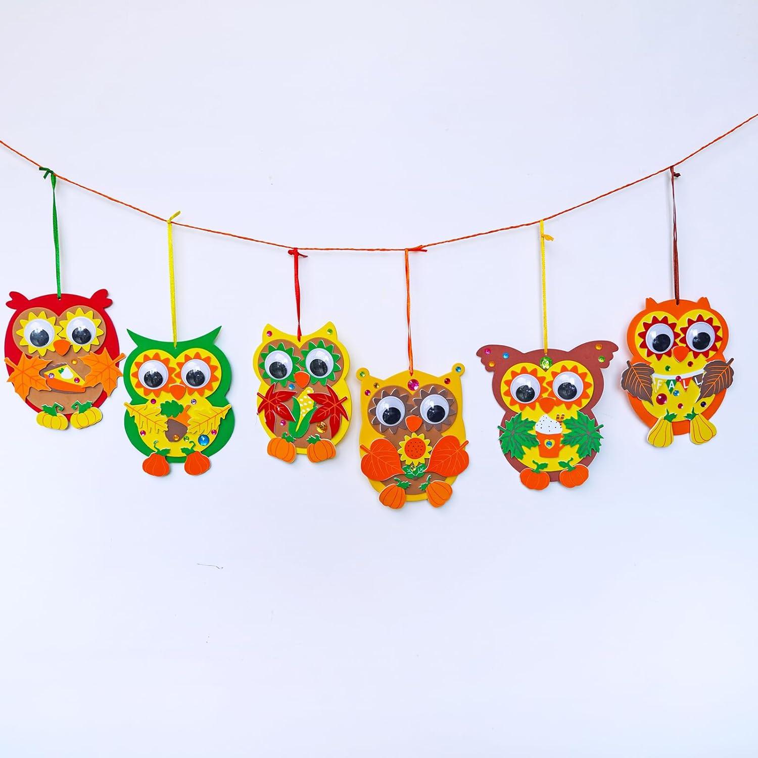 imageWinlyn 24 Sets Fall Craft Kits Autumn Crafts DIY Owl Ornaments Decorations Art Sets Foam Owl Pumpkin Leaf Stickers Arts and Crafts for Kids Thanksgiving Halloween Classroom Activities Party Favors