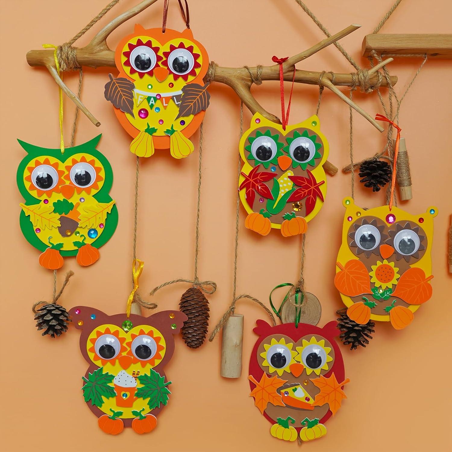 imageWinlyn 24 Sets Fall Craft Kits Autumn Crafts DIY Owl Ornaments Decorations Art Sets Foam Owl Pumpkin Leaf Stickers Arts and Crafts for Kids Thanksgiving Halloween Classroom Activities Party Favors