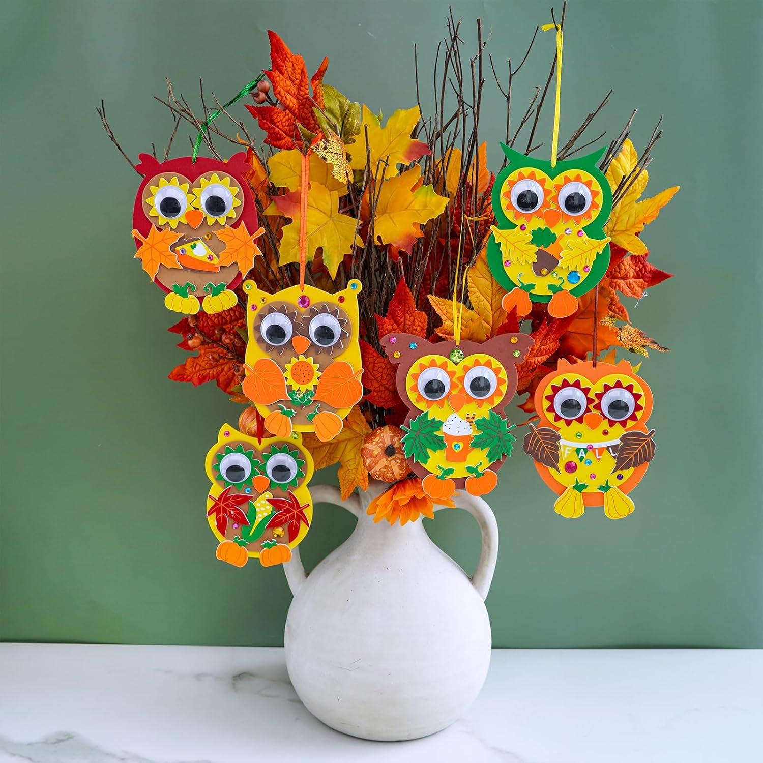 imageWinlyn 24 Sets Fall Craft Kits Autumn Crafts DIY Owl Ornaments Decorations Art Sets Foam Owl Pumpkin Leaf Stickers Arts and Crafts for Kids Thanksgiving Halloween Classroom Activities Party Favors