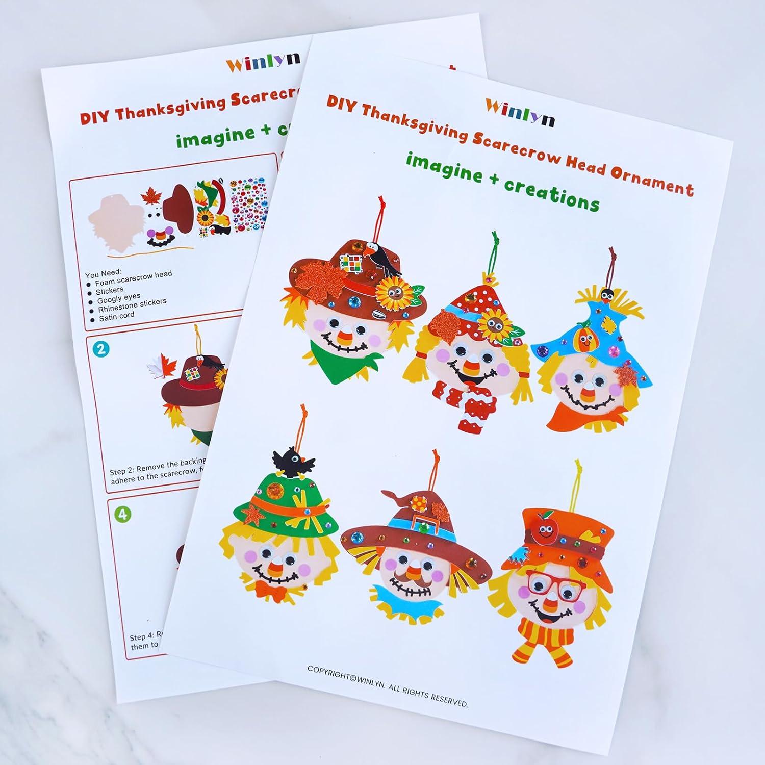 imageWinlyn 24 Sets Fall Craft Kits Autumn Scarecrow Crafts Fall Scarecrow Head Craft Kits Maple Leaves Pumpkins Harvest Foam Stickers Arts and Crafts for Kids Classroom Activities Holiday Party Favors