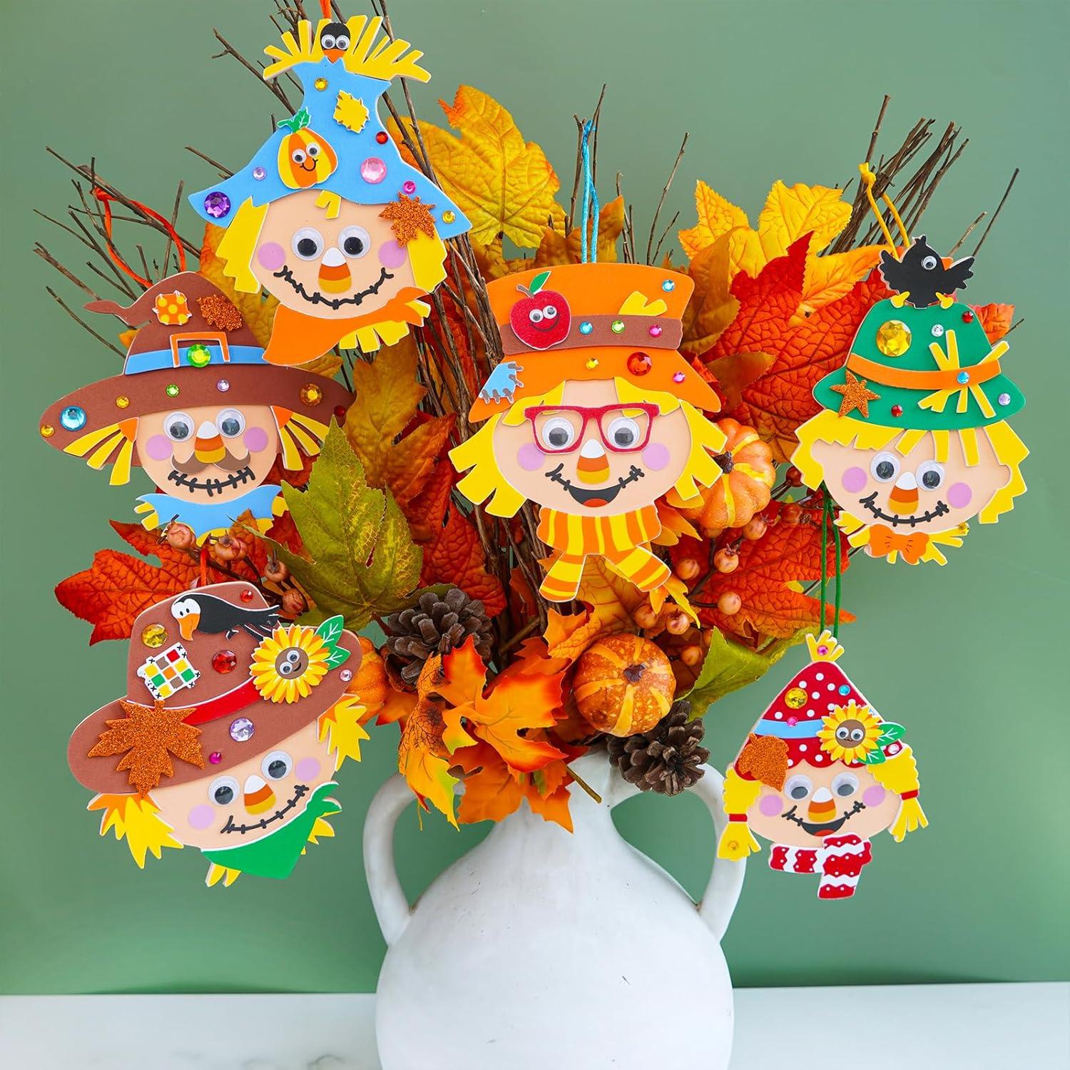 imageWinlyn 24 Sets Fall Craft Kits Autumn Scarecrow Crafts Fall Scarecrow Head Craft Kits Maple Leaves Pumpkins Harvest Foam Stickers Arts and Crafts for Kids Classroom Activities Holiday Party Favors