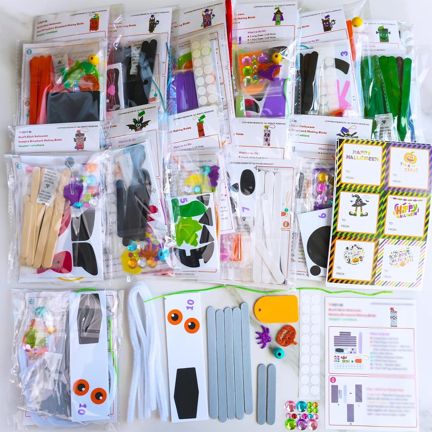 imageWinlyn 24 Sets Halloween Crafts Kits Fall Crafts DIY Craft Stick Halloween Ornaments Decorations Art Set JackOLantern Ghost Foam Stickers Arts and Crafts for Kids Classroom Activities Party Favors