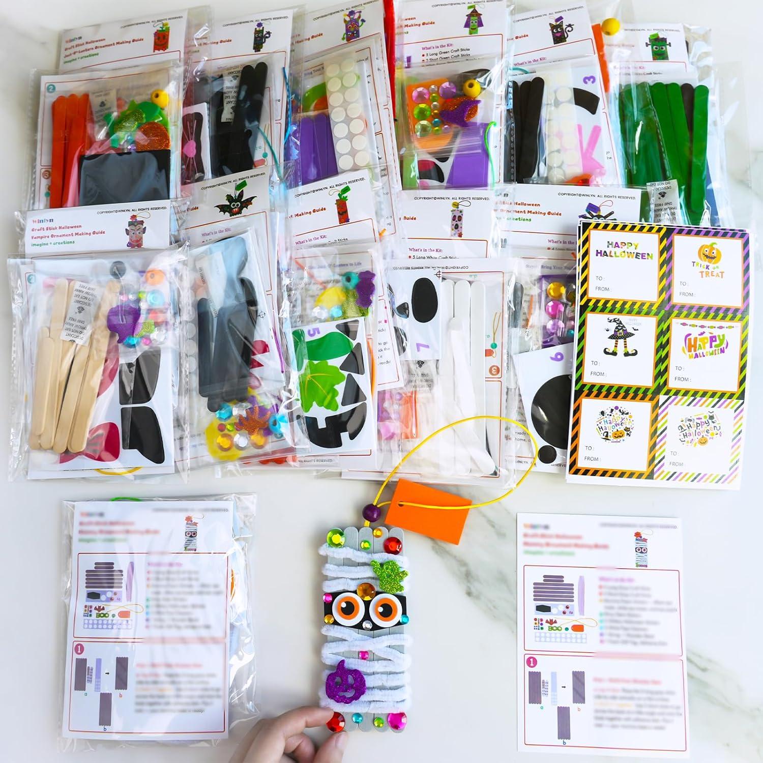 imageWinlyn 24 Sets Halloween Crafts Kits Fall Crafts DIY Craft Stick Halloween Ornaments Decorations Art Set JackOLantern Ghost Foam Stickers Arts and Crafts for Kids Classroom Activities Party Favors