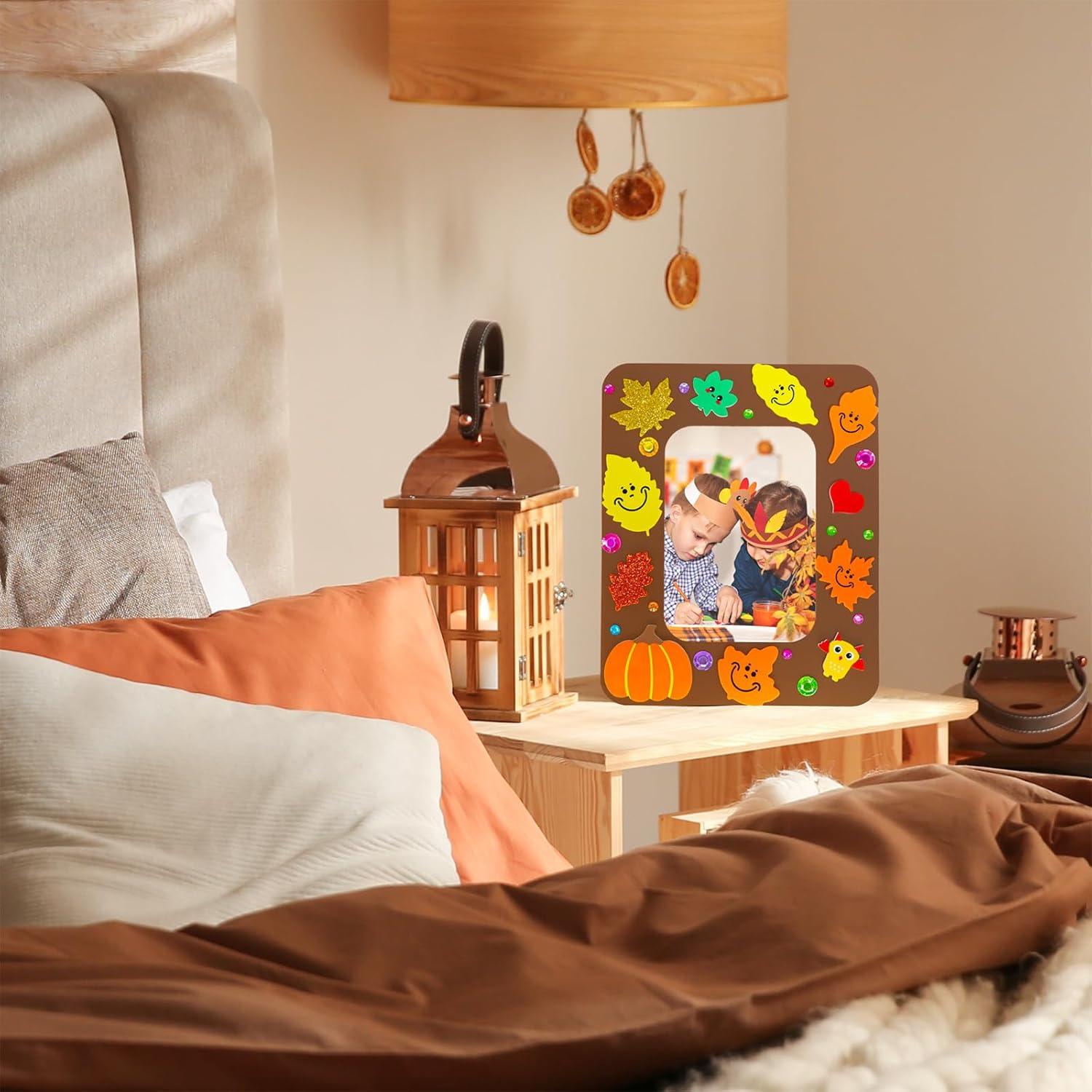 imageWinlyn 24 Sets Thanksgiving Craft Kits Fall Crafts DIY Autumn Harvest Picture Frame Decorations Festive Foam Stickers Fall Arts and Crafts for Kids Holiday Home Classroom Art Activities Party Favors