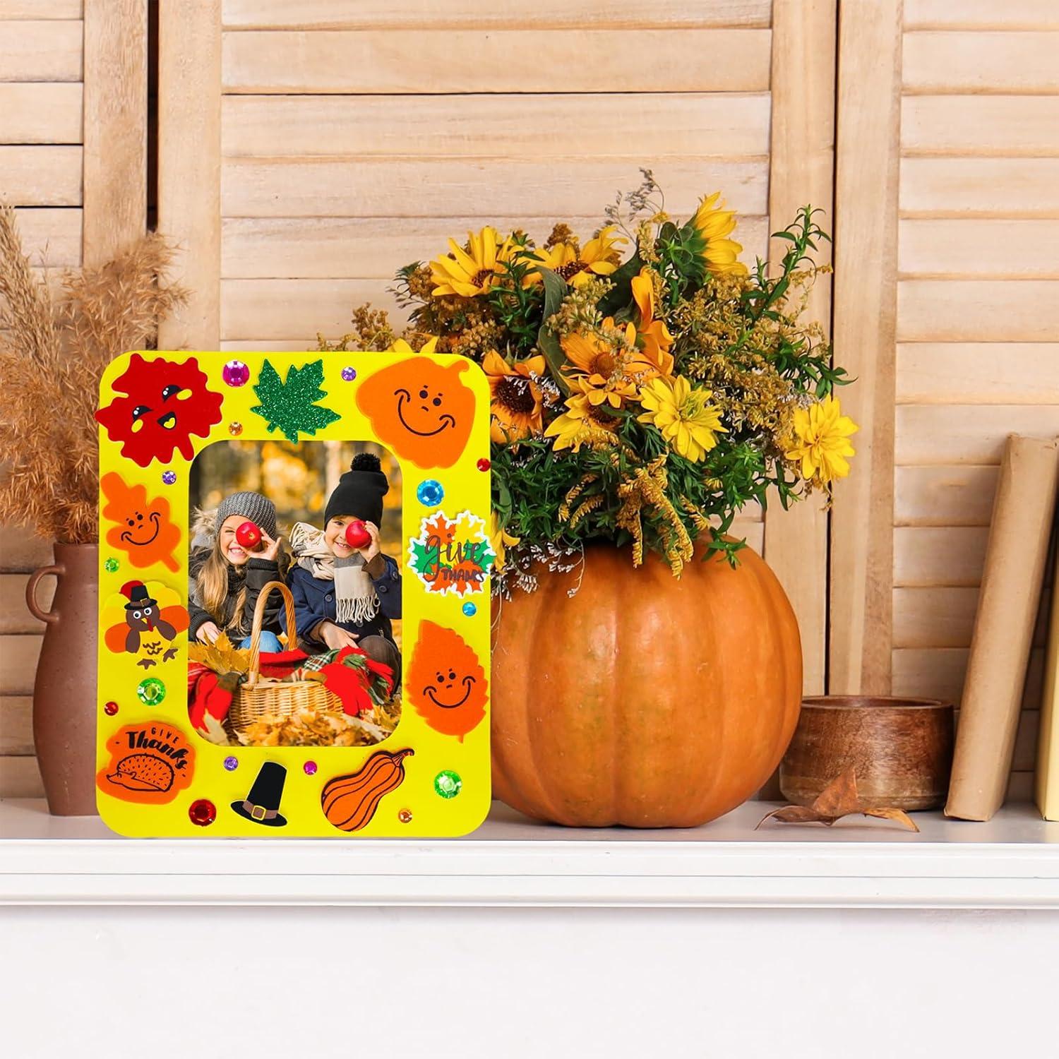 imageWinlyn 24 Sets Thanksgiving Craft Kits Fall Crafts DIY Autumn Harvest Picture Frame Decorations Festive Foam Stickers Fall Arts and Crafts for Kids Holiday Home Classroom Art Activities Party Favors