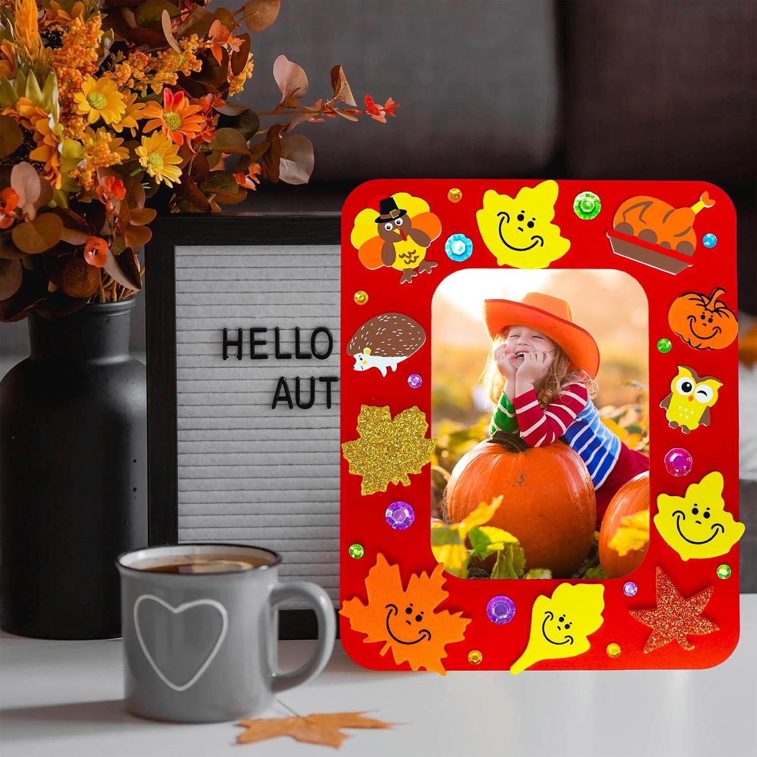 imageWinlyn 24 Sets Thanksgiving Craft Kits Fall Crafts DIY Autumn Harvest Picture Frame Decorations Festive Foam Stickers Fall Arts and Crafts for Kids Holiday Home Classroom Art Activities Party Favors