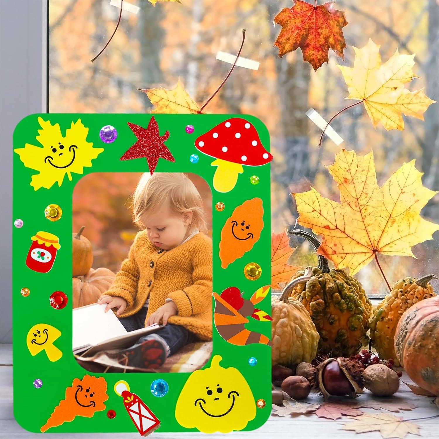 imageWinlyn 24 Sets Thanksgiving Craft Kits Fall Crafts DIY Autumn Harvest Picture Frame Decorations Festive Foam Stickers Fall Arts and Crafts for Kids Holiday Home Classroom Art Activities Party Favors