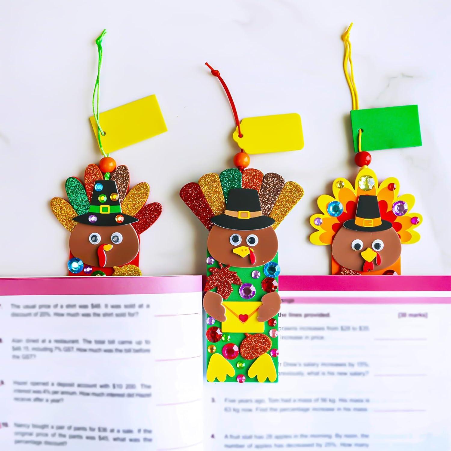 imageWinlyn 24 Sets Thanksgiving Turkey Craft Kits Fall Kids Crafts DIY Turkey Bookmarks Art Sets Autumn Leaf Turkey Foam Stickers Arts and Crafts for Kids Holiday Party Favors Home Classroom Activities